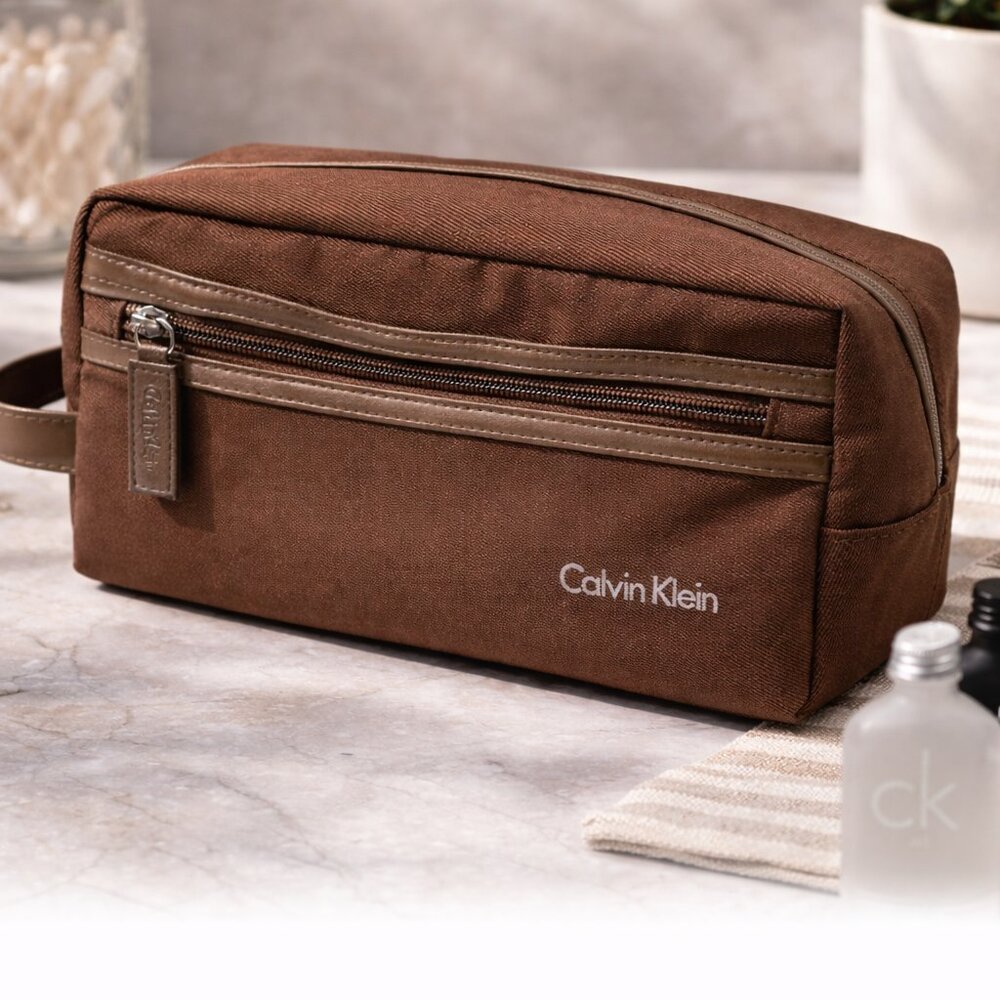 CALVIN KLEIN Men's Kit Travel Cosmetic Toiletry Bag Brown Luggage Shave Vintage